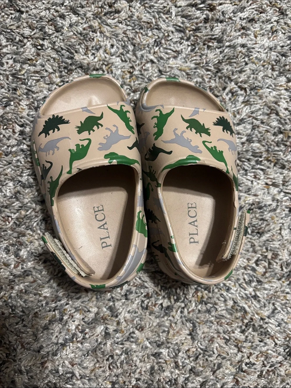 The Children's Place Beige Sandals with Green and Gray Dinosaur Print